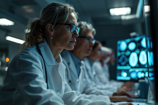 Hospital lab meeting: Diverse team discusses neurology, neurosurgery, and MRI.