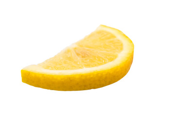 One slice of lemon citrus fruit isolated on white background. Lemon slice with shadow.