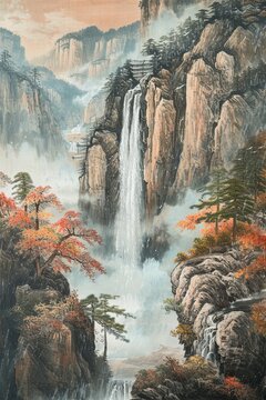 landscape painting of the Song Dynasty, drizzle pouring down during the rainy season, intertwined with rich textures of trees, rocks, traditional style, delicate lines, textured texture, bright colors