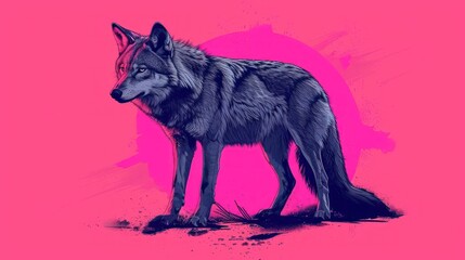  a drawing of a wolf standing in front of a pink background with a splash of paint on the left side of the image and on the right side of the wolf is a pink background.