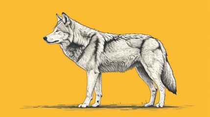  a drawing of a wolf standing in front of a yellow background with a black and white line drawing of a wolf standing in front of a yellow background with a black line.