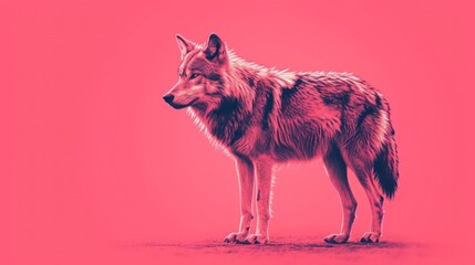  a wolf standing in the middle of a pink background with a black and white image of it's head on the side of the wolf's hind legs.