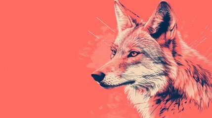  a close up of a wolf's face on an orange and pink background with a splash of paint on the left side of the wolf's face and the right side of the image.