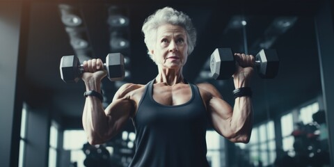 An older woman lifting two dumbbells in a gym. Suitable for fitness and healthy lifestyle concepts