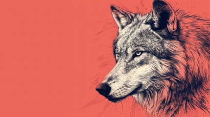  a drawing of a wolf's head on a red background with a black and white drawing of a wolf's head on the left side of the image.