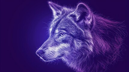  a close up of a wolf's head on a purple background with a blurry image of the wolf's head on the left side of the image.