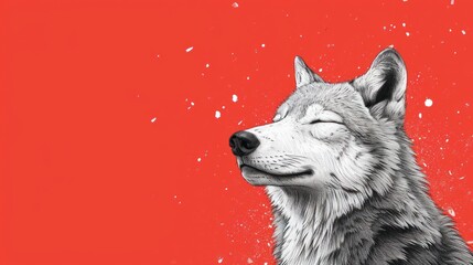  a black and white drawing of a wolf with its eyes closed and it's head turned to the side, with snow falling on the ground and a red background.