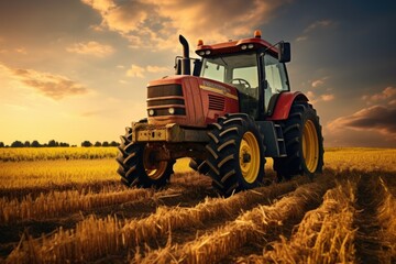 Fototapeta premium A tractor parked in a field at sunset. Perfect for agricultural, farming, or rural landscapes