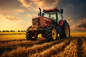 Foto op Plexiglas A tractor parked in a field at sunset. Perfect for agricultural, farming, or rural landscapes © Fotograf