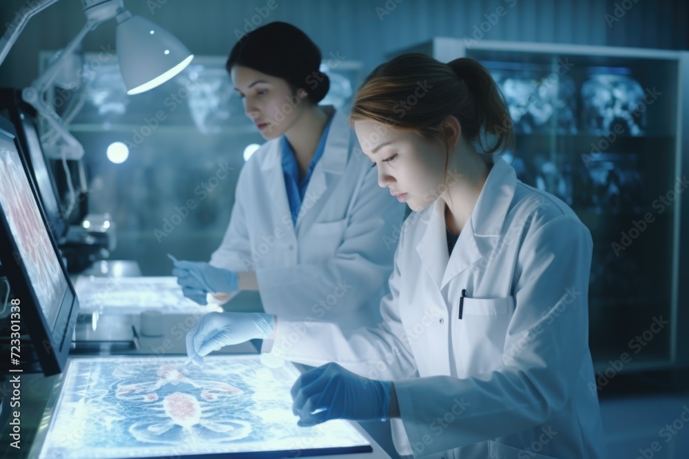 Poster two women in lab coats analyzing data on a screen. suitable for scientific research, laboratory expe