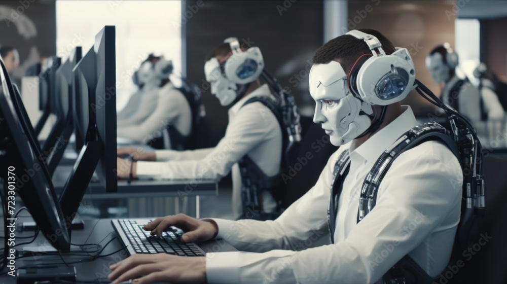 Aufkleber A man is seen wearing headphones while using a computer. This image can be used to depict a person working, studying, or enjoying music while using technology