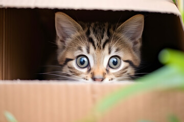 Sweet kitten curiously peeking out from beneath shelter cardboard box, animal rescue