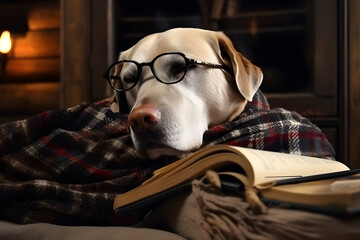 The Labrador is lying on a sofa covered with a wool plaid plaid, a fireplace is burning next to him