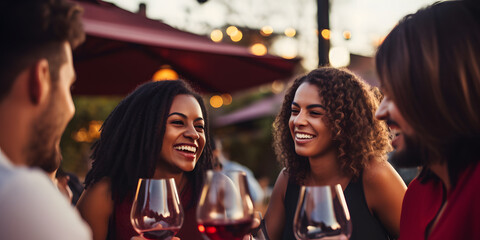 Multiracial friends enjoying red wine and dinner on restaurant terrace - obrazy, fototapety, plakaty