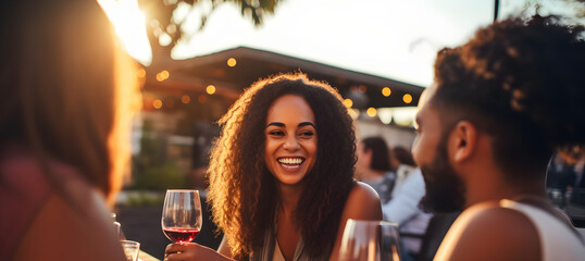 Happy multiracial friends enjoying red wine and dining outdoors - obrazy, fototapety, plakaty