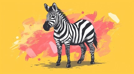  a drawing of a zebra standing in front of a pink and yellow paint splattered background with a splash of paint on the back of the zebra's head.