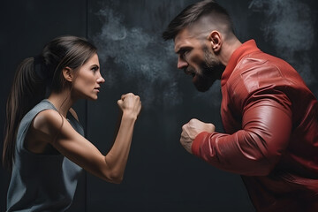 Emotional dispute: man and woman engaged in intense argument, domestic conflict scene - obrazy, fototapety, plakaty