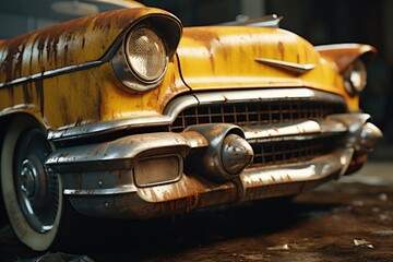 An old yellow car parked in a garage. Perfect for automotive enthusiasts and vintage car lovers - obrazy, fototapety, plakaty