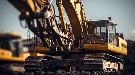 A yellow excavator sitting on top of a pile of dirt. This image can be used to depict construction, earthmoving, or heavy machinery