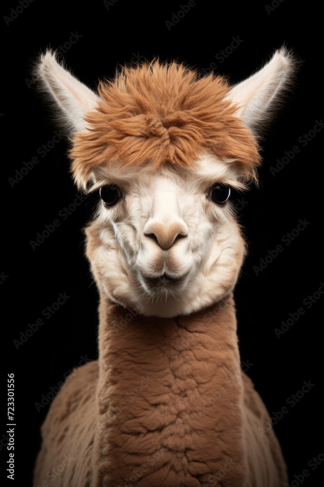 Poster A close-up view of a llama's face on a black background. This image can be used for various purposes