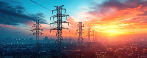 High-voltage power lines at sunset, panoramic view