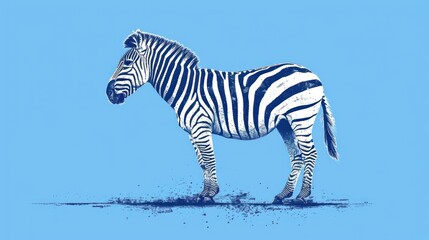 Fototapeta premium a zebra standing in the middle of a blue sky with its head turned to the side and it's head turned to the side and it's left.