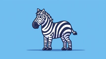  a zebra standing on a blue background with a black and white stripe on it's head and a black and white stripe on it's tail and a blue background.