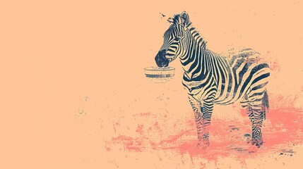 Fototapeta na wymiar a painting of a zebra eating out of a bowl on a pink and orange background with a splash of paint on the bottom half of the zebra's head.