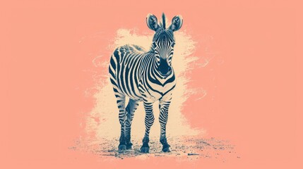 Fototapeta na wymiar a zebra standing on top of a dirt field next to a pink and yellow background and a pink background with a black and white drawing of a zebra on it's head.