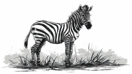 Fototapeta na wymiar a black and white drawing of a zebra standing in a field of grass, looking at the camera, with the head turned to the side, in the foreground.