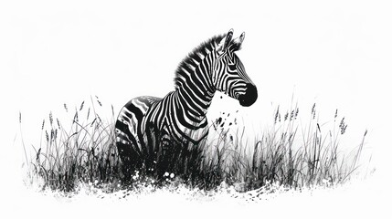 Fototapeta na wymiar a black and white photo of a zebra standing in a field of tall grass with it's head turned to the side, with it's eyes closed.
