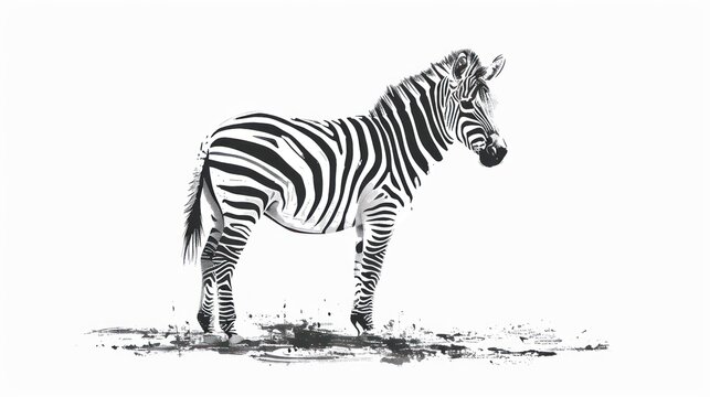  a black and white picture of a zebra standing in the grass with its head turned to the side, with a black and white drawing of a zebra in the background.