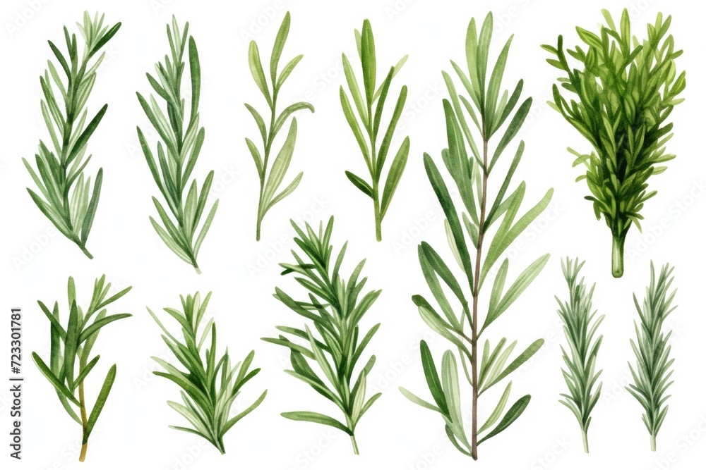 Poster A collection of lush green plants arranged on a clean white background. Ideal for adding a touch of nature to any design or presentation