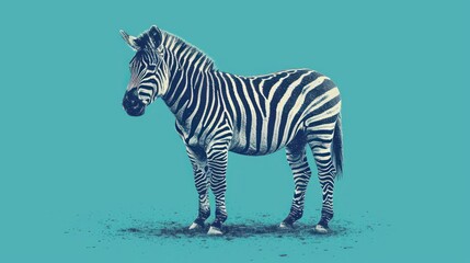 Fototapeta na wymiar a black and white zebra standing on top of a blue ground with its head turned to the side and it's head turned to the side and it's left.