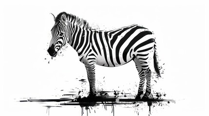 Fototapeta na wymiar a black and white photo of a zebra standing on a body of water with splashes of paint on it's body and the zebra's head and neck.