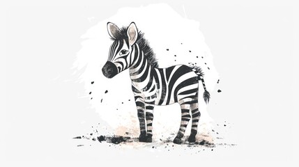  a black and white drawing of a zebra on a white background with a splash of paint on the left side of the image and a black and white background on the right side of the left side of the.