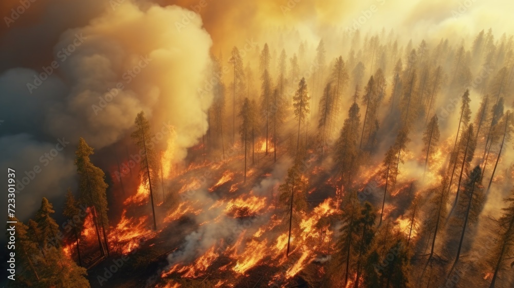 Poster a fire burning through a forest filled with trees. can be used to illustrate the destructive power o