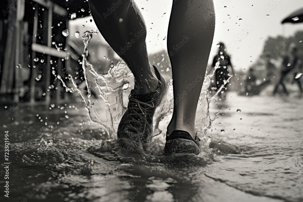 Aufkleber A captivating black and white photo capturing the moment when a person's feet are splashing water. Perfect for adding a dynamic touch to any project or design