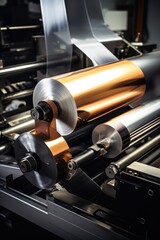 A close-up view of a roll of foil on a machine. Suitable for industrial or manufacturing themes
