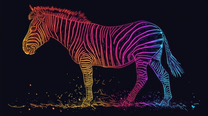 Fototapeta na wymiar a drawing of a zebra standing in a field with splashes of paint on it's body and a black back ground behind it, with a black background.