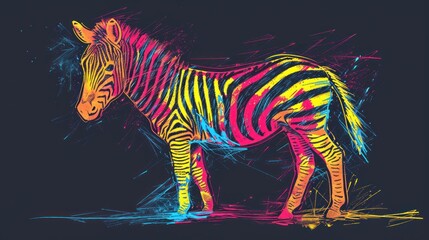 Fototapeta na wymiar a colorful zebra standing in the middle of a black background with a splash of paint all over it's body
