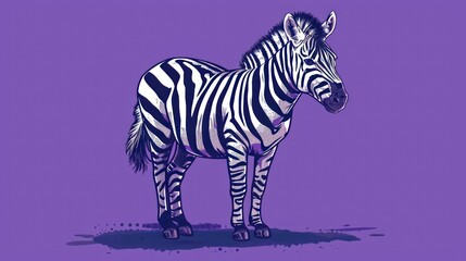 Fototapeta na wymiar a zebra standing in the middle of a purple background with a black and white stripe on it's head and a black and white stripe on it's tail.