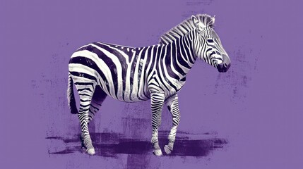 Fototapeta na wymiar a black and white zebra standing on a purple and purple background with a black and white picture of it's head in the center of the zebra's body.