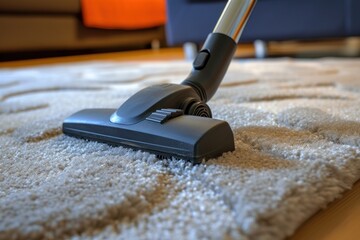 Close up of vacuum cleaner cleaning carpet in modern apartment