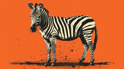 Fototapeta na wymiar a black and white zebra standing on top of a dirt field next to an orange wall and a black and white drawing of a zebra on the side of the wall.