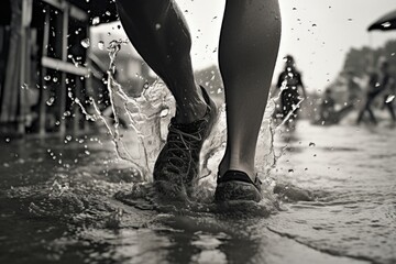 A captivating black and white photo capturing the moment when a person's feet are splashing water. Perfect for adding a dynamic touch to any project or design - obrazy, fototapety, plakaty
