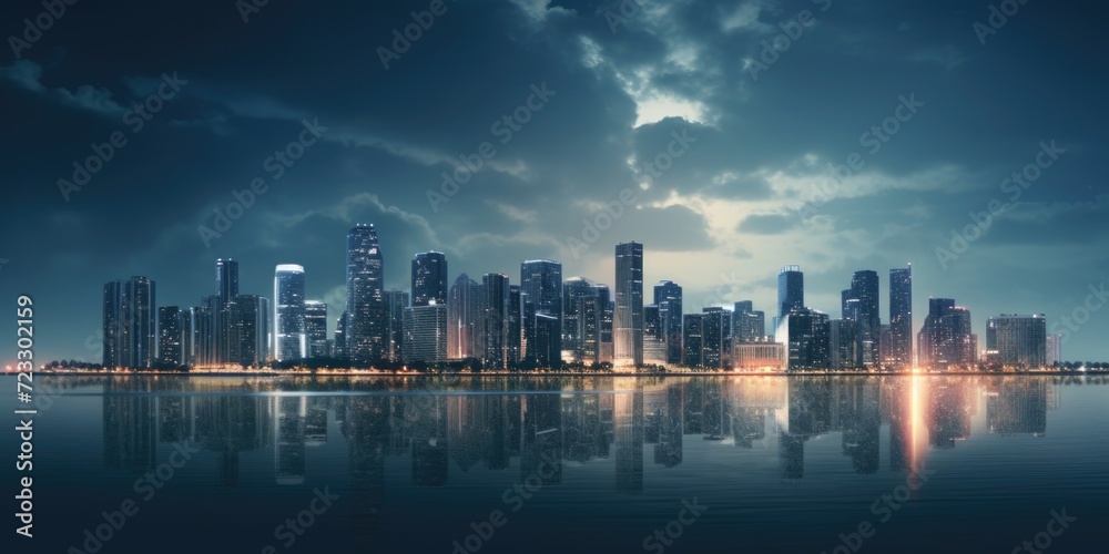 Poster a captivating view of a city at night as seen from the water. this image can be used to depict the v