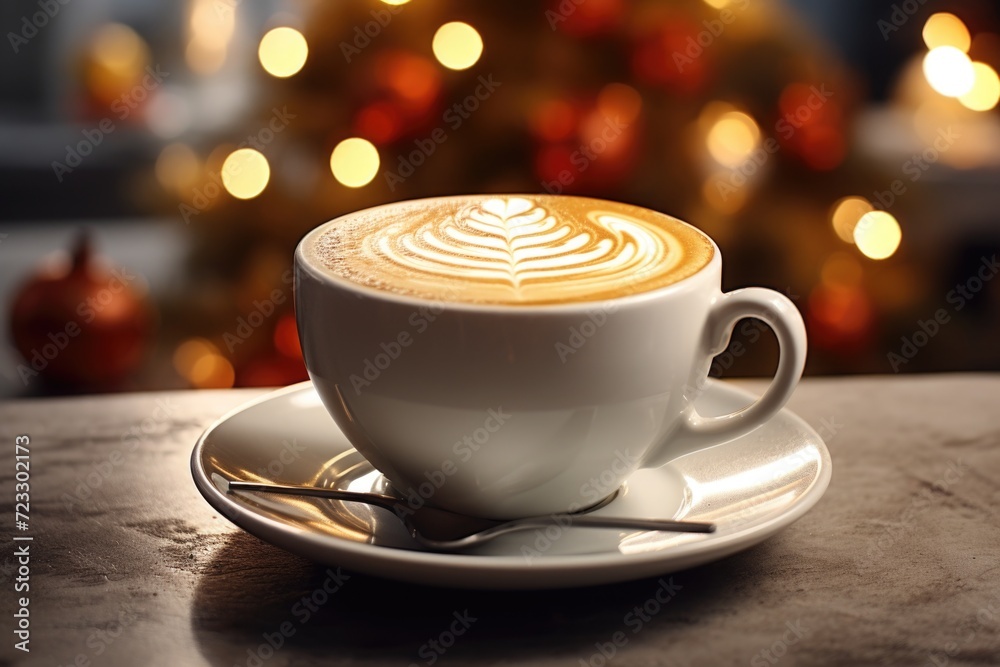 Poster A simple yet elegant image of a cup of coffee placed on a saucer with a spoon. This picture can be used to depict a relaxing coffee break or to illustrate the concept of a hot beverage