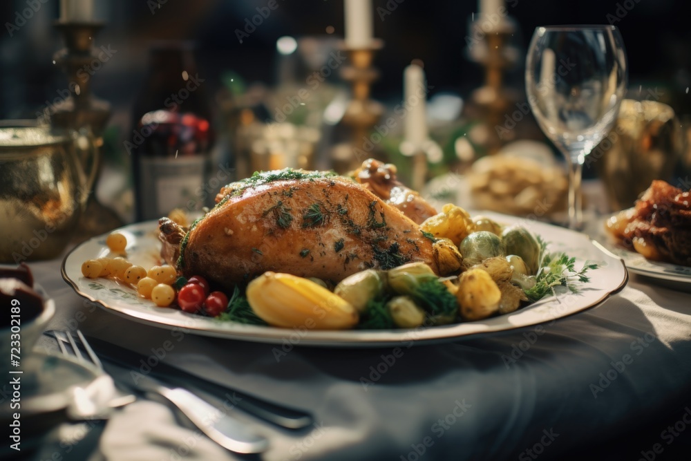 Poster a picture of a plate of food with silverware on a table. this image can be used to showcase a delici