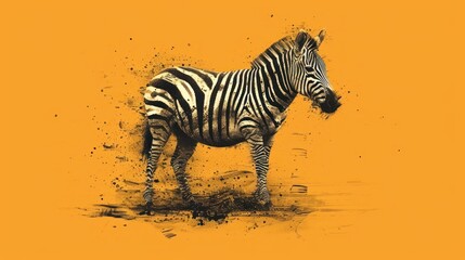 Fototapeta na wymiar a zebra standing on top of a dirt field next to a yellow wall and a black and white drawing of a zebra on the side of the wall of a yellow wall.
